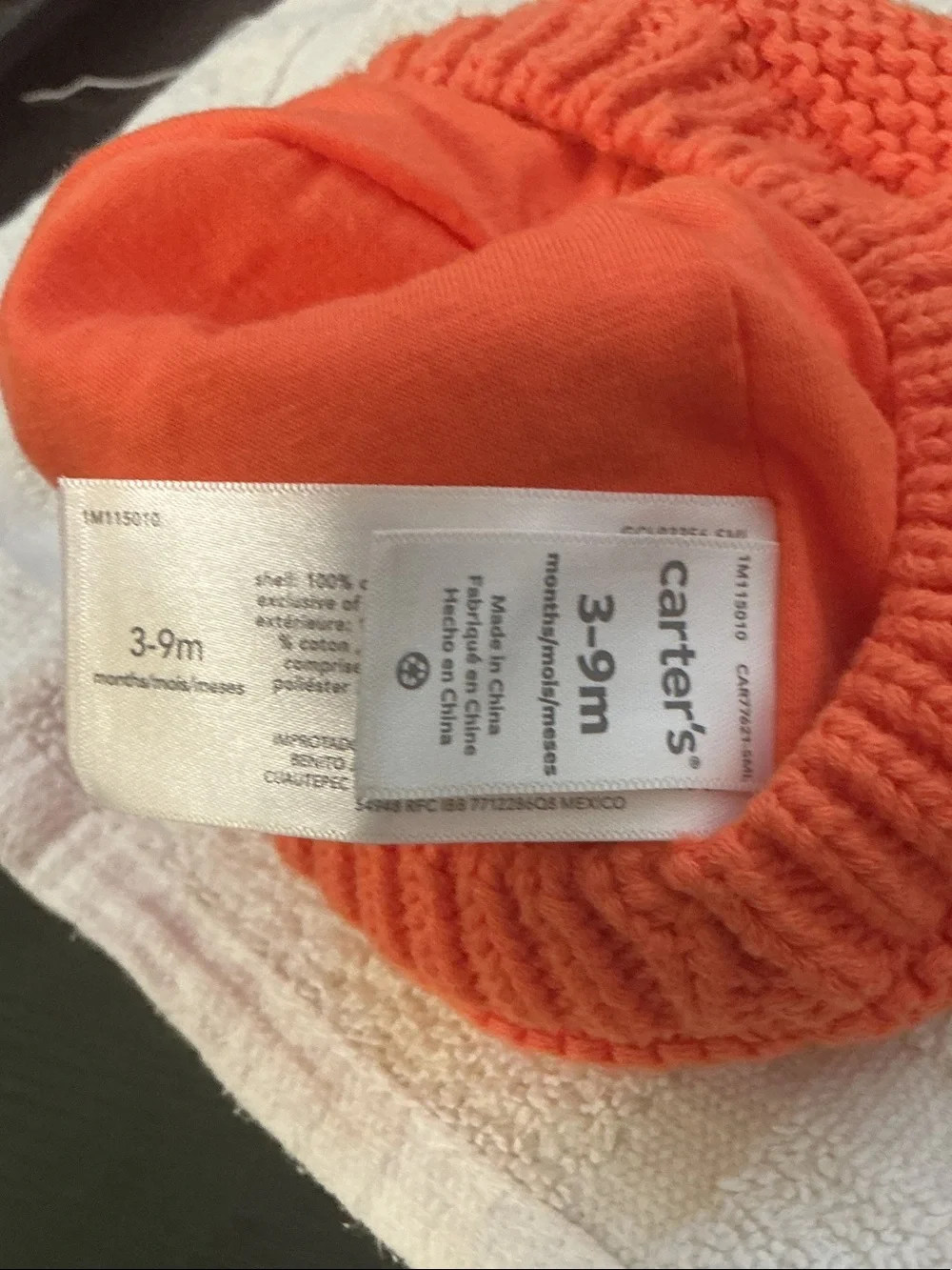 Carter's Orange Pumpkin Knit Hat with Lime Green Leaves One size 3 to 9 months